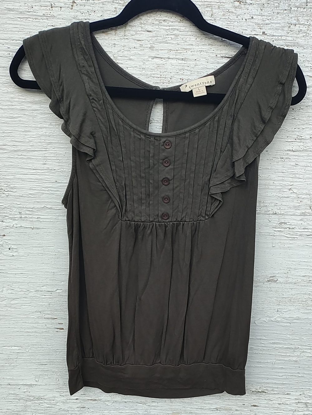 Forever 21 Drab Olive Green Ruffle Sleeve Pintuck Camisole Y2K